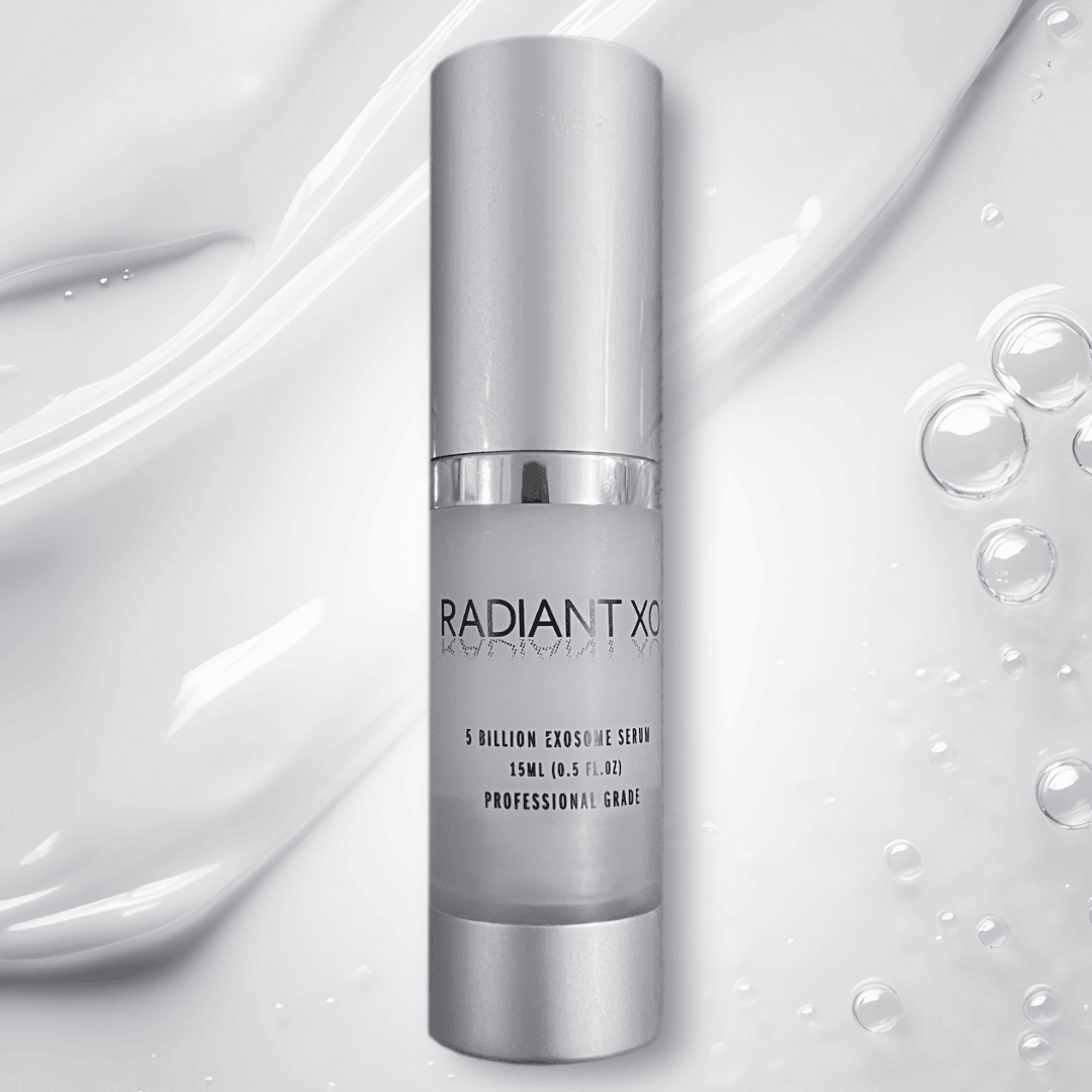 Skincare serum bottle labeled 'Radiant XO' on a white background with bubbles.