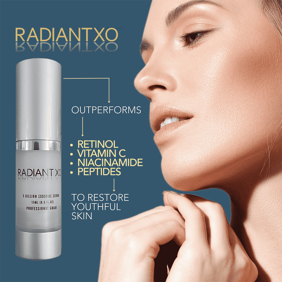 RadiantXO skincare serum with a woman's face and text highlighting product benefits on a blue background
