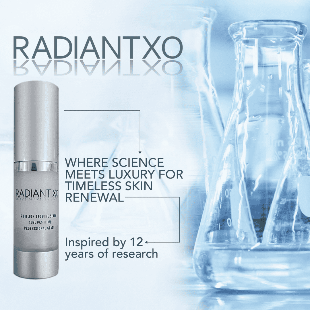 RadiantXO skincare product with scientific flasks on a light blue background