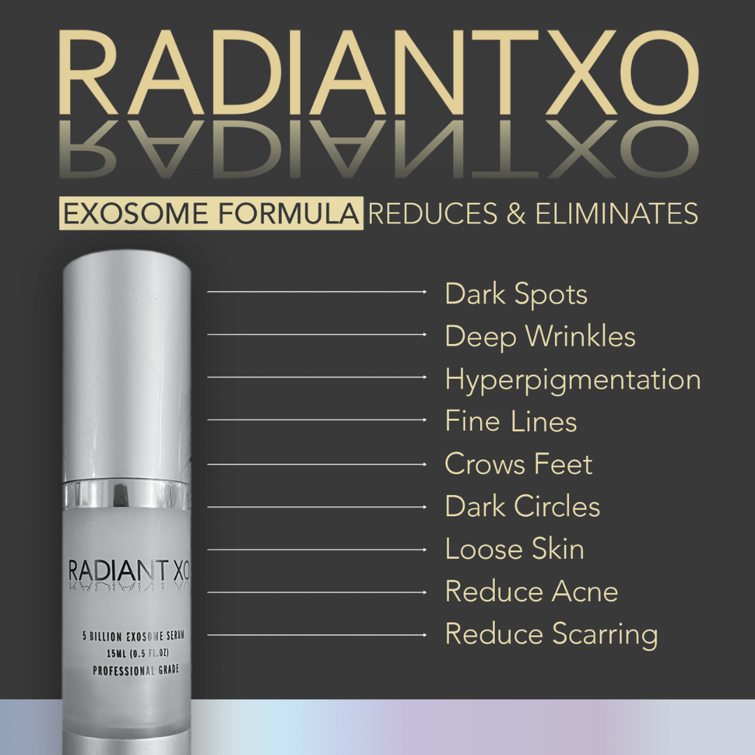 Radiantxo skincare serum with benefits listed on a dark background